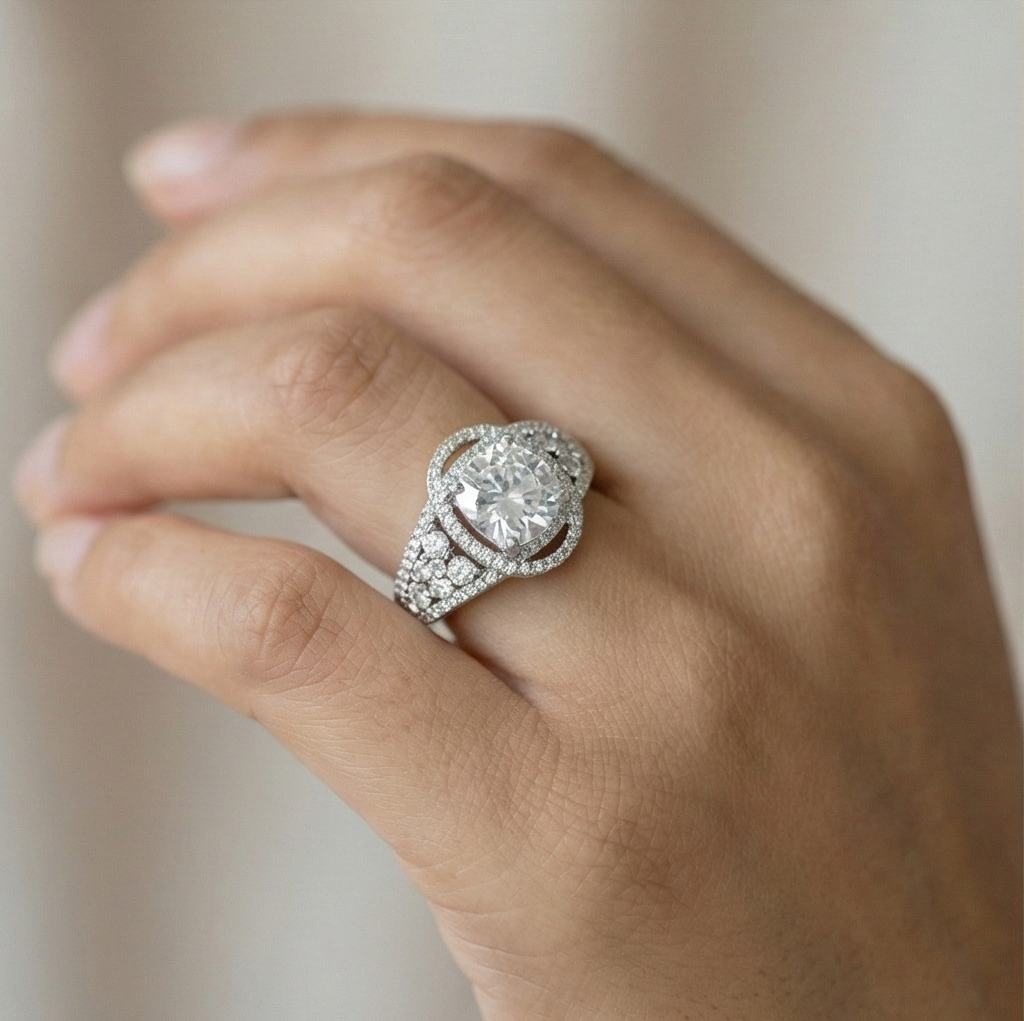 925 Sterling Silver Vintage Style Halo Statement Ring Jewellery with High Polish Rhodium Finish for Women