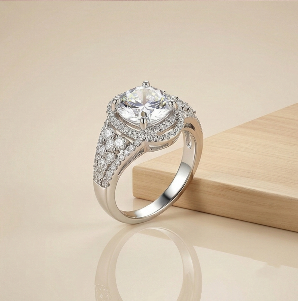 AGOR 925 Sterling Silver Vintage Style Halo Statement Ring Jewellery with High Polish Rhodium Finish for Women