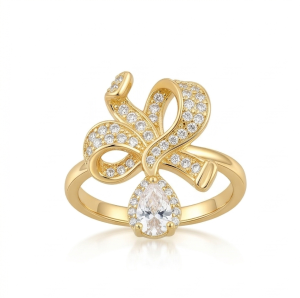 AGOR 925 Sterling Silver Bow Ribbon Clear Drop Ring Yellow Gold Finish Jewellery for Women - Size 8