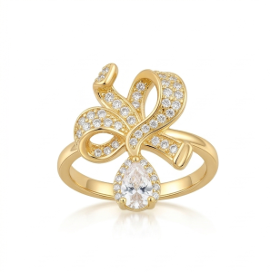AGOR 925 Sterling Silver Bow Ribbon Clear Drop Ring Yellow Gold Finish Jewellery for Women - Size 6