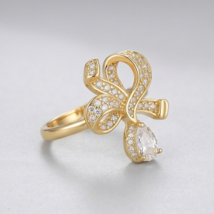 925 Sterling Silver Bow Ribbon Clear Drop Ring Yellow Gold Finish Jewellery for Women - Size 8