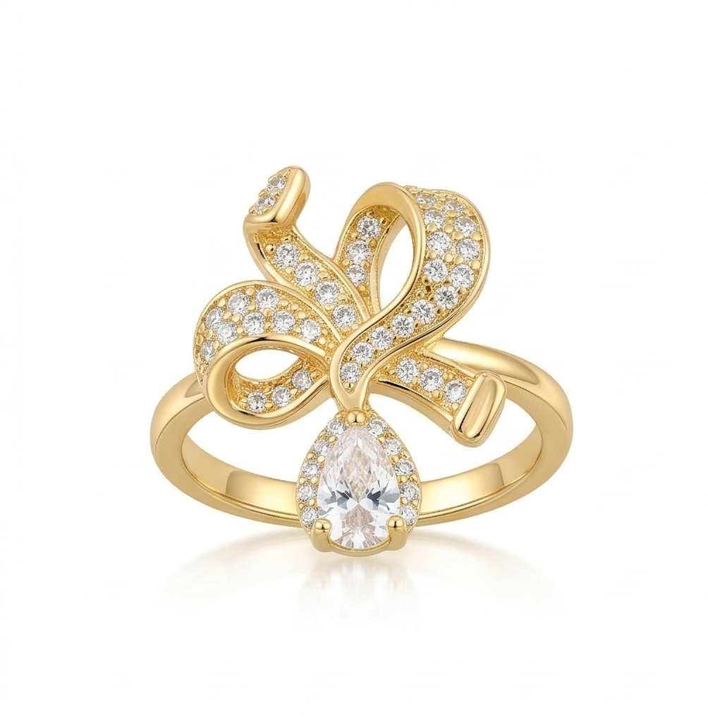 925 Sterling Silver Bow Ribbon Clear Drop Ring Yellow Gold Finish Jewellery for Women - Size 6