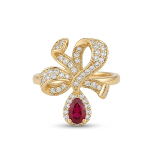 AGOR 925 Sterling Silver Bow Ribbon Red Drop Ring Yellow Gold Finish Jewellery for Women - Size 8