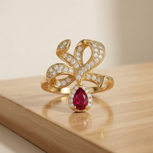 AGOR 925 Sterling Silver Bow Ribbon Red Drop Ring Yellow Gold Finish Jewellery for Women - Size 8