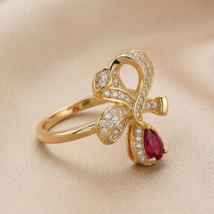 AGOR 925 Sterling Silver Bow Ribbon Red Drop Ring Yellow Gold Finish Jewellery for Women - Size 8
