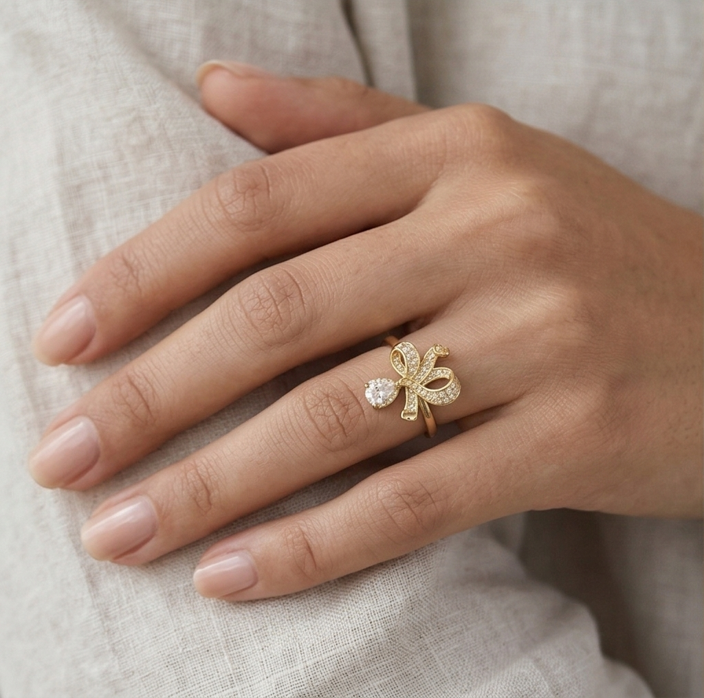 925 Sterling Silver Bow Ribbon Clear Drop Ring Yellow Gold Finish Jewellery for Women - Size 6