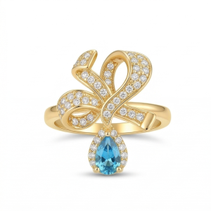AGOR 925 Sterling Silver Bow Ribbon Blue Drop Ring Yellow Gold Finish Jewellery for Women - Size 9