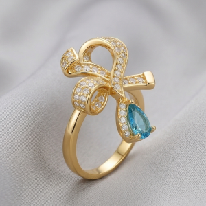 925 Sterling Silver Bow Ribbon Blue Drop Ring Yellow Gold Finish Jewellery for Women - Size 9