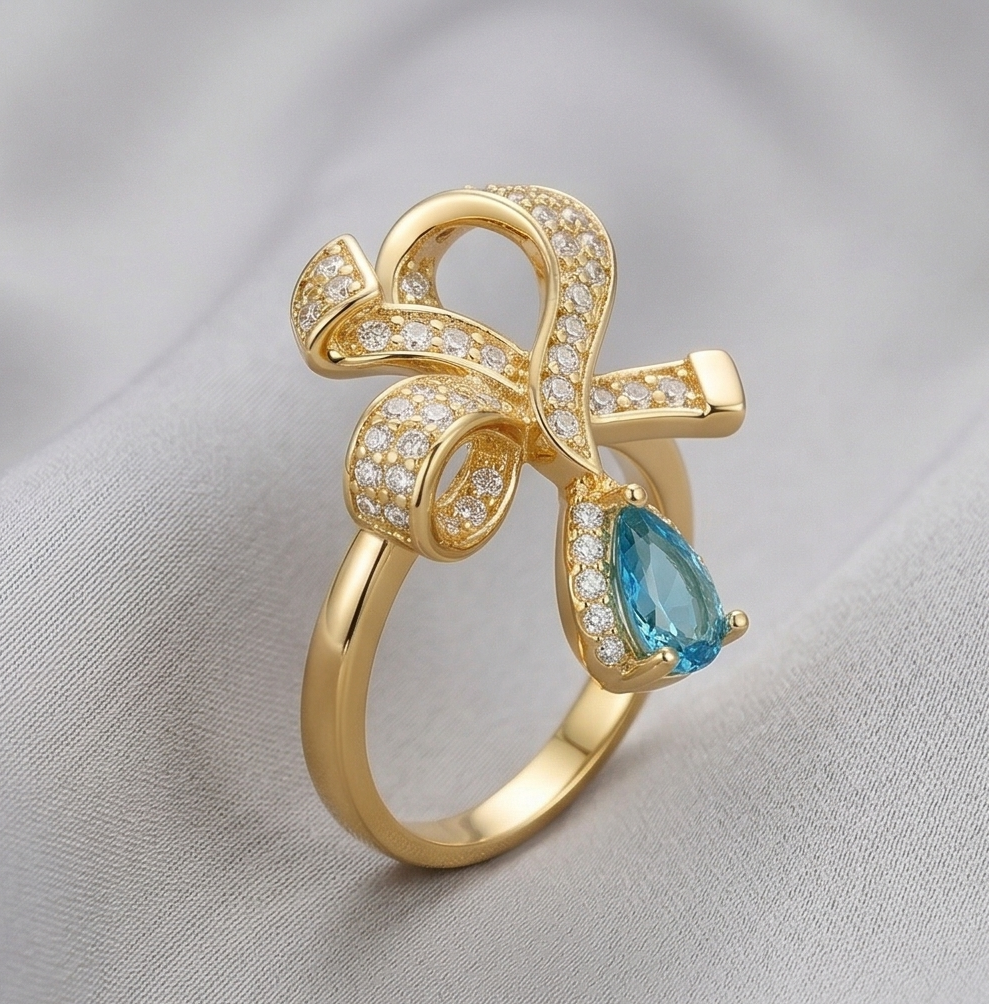 925 Sterling Silver Bow Ribbon Blue Drop Ring Yellow Gold Finish Jewellery for Women - Size 9