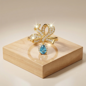 AGOR 925 Sterling Silver Bow Ribbon Blue Drop Ring Yellow Gold Finish Jewellery for Women - Size 9