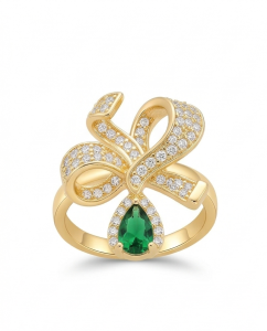 AGOR 925 Sterling Silver Bow Ribbon Green Drop Ring Yellow Gold Finish Jewellery for Women - Size 6