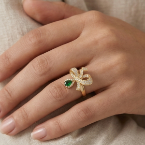 925 Sterling Silver Bow Ribbon Green Drop Ring Yellow Gold Finish Jewellery for Women - Size 6