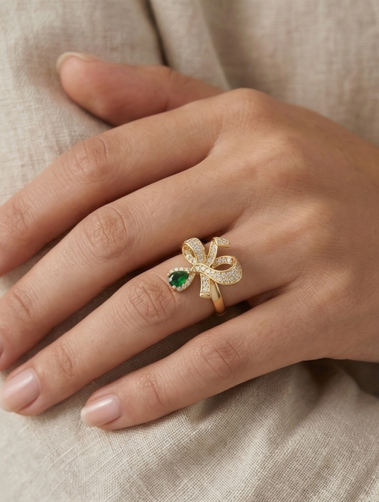 AGOR 925 Sterling Silver Bow Ribbon Green Drop Ring Yellow Gold Finish Jewellery for Women - Size 6
