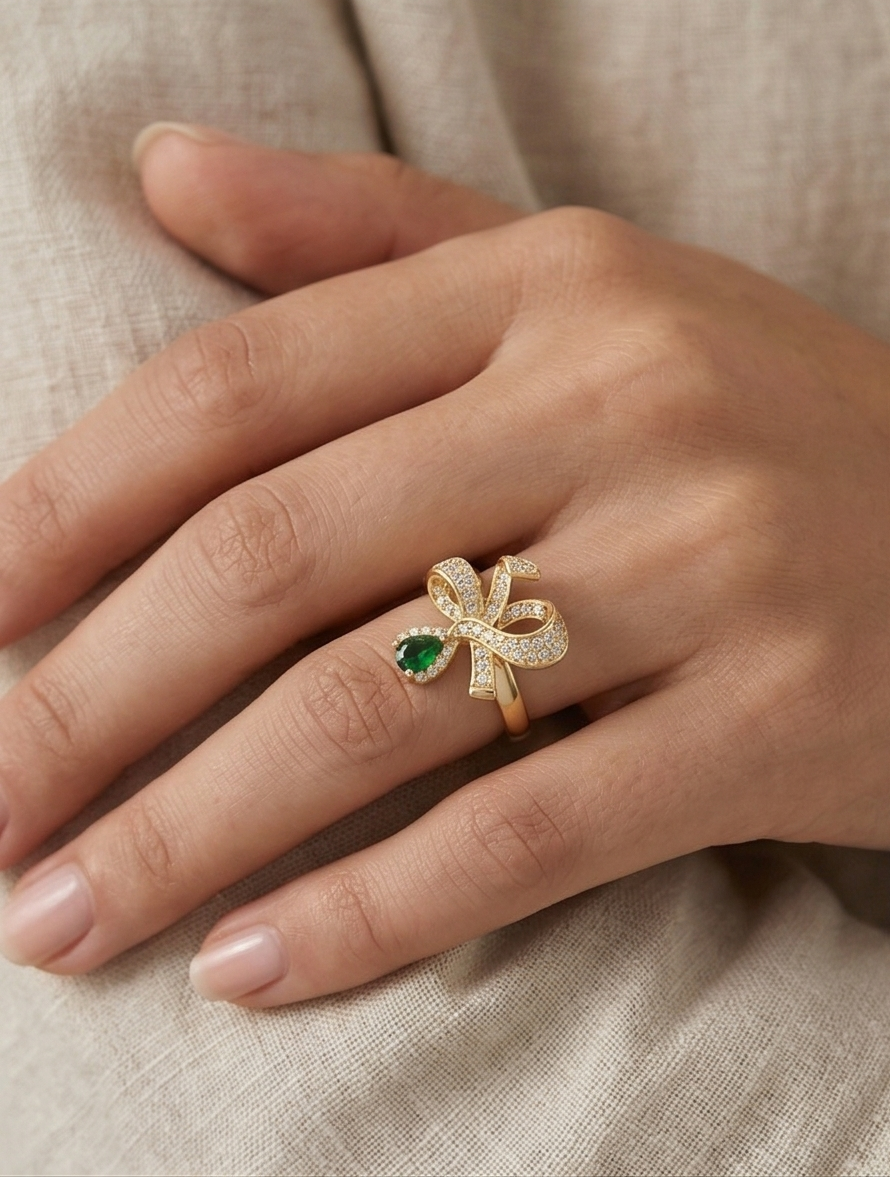 925 Sterling Silver Bow Ribbon Green Drop Ring Yellow Gold Finish Jewellery for Women - Size 6