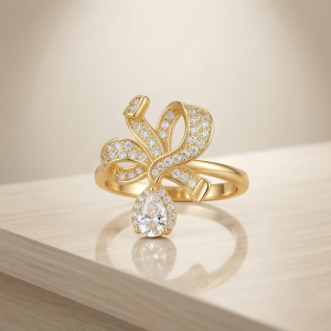 925 Sterling Silver Bow Ribbon Clear Drop Ring Yellow Gold Finish Jewellery for Women - Size 6