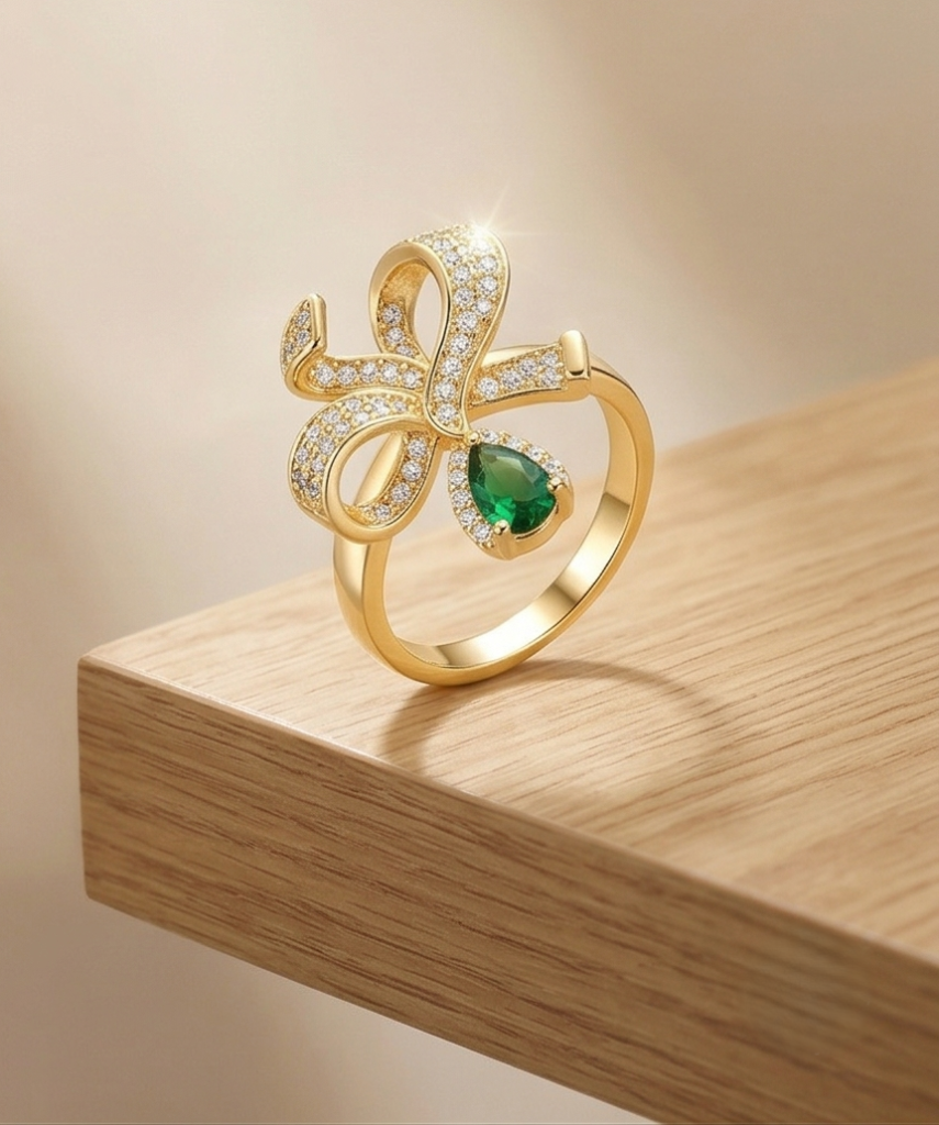 AGOR 925 Sterling Silver Bow Ribbon Green Drop Ring Yellow Gold Finish Jewellery for Women - Size 6