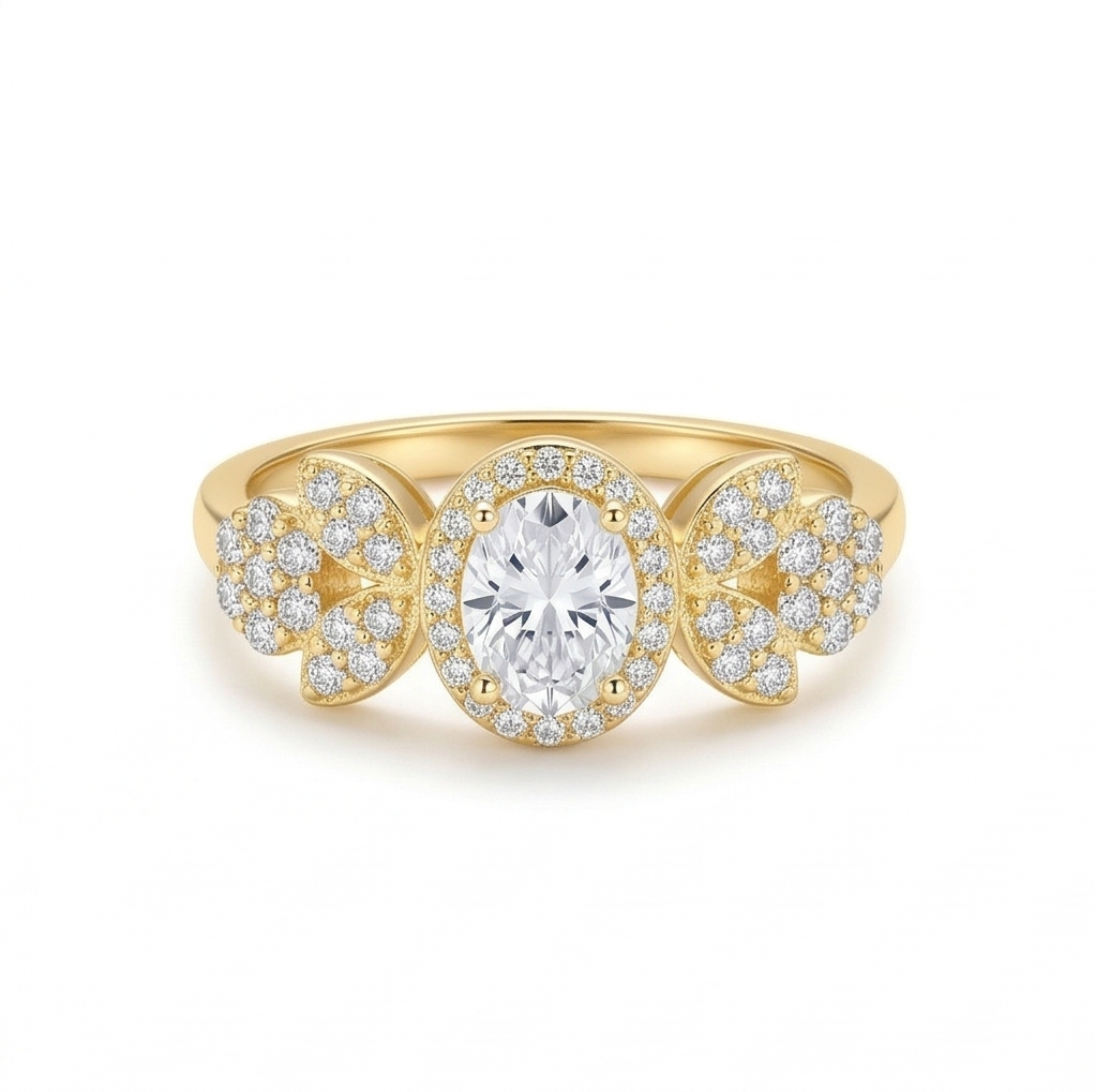 925 Sterling Silver Oval Clear Halo Floral Ring Yellow Gold Finish Jewellery for Women - Size 7
