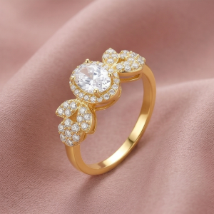 AGOR 925 Sterling Silver Oval Clear Halo Floral Ring Yellow Gold Finish Jewellery for Women - Size 7