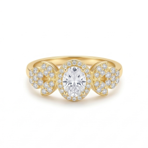 AGOR 925 Sterling Silver Oval Clear Halo Floral Ring Yellow Gold Finish Jewellery for Women - Size 8