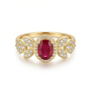 AGOR 925 Sterling Silver Oval Red Halo Floral Ring Yellow Gold Finish Jewellery for Women - Size 8
