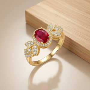 925 Sterling Silver Oval Red Halo Floral Ring Yellow Gold Finish Jewellery for Women - Size 8