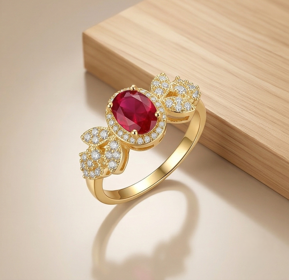 925 Sterling Silver Oval Red Halo Floral Ring Yellow Gold Finish Jewellery for Women - Size 8