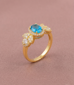 AGOR 925 Sterling Silver Oval Blue Halo Floral Ring Yellow Gold Finish Jewellery for Women - Size 6