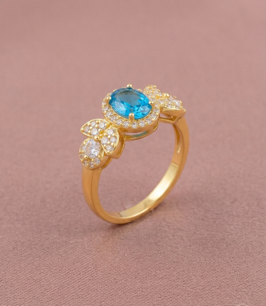 AGOR 925 Sterling Silver Oval Blue Halo Floral Ring Yellow Gold Finish Jewellery for Women - Size 6