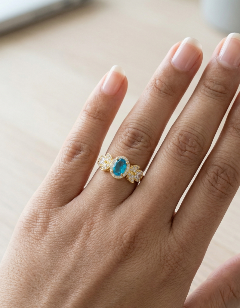 AGOR 925 Sterling Silver Oval Blue Halo Floral Ring Yellow Gold Finish Jewellery for Women - Size 6