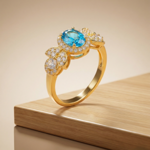 925 Sterling Silver Oval Blue Halo Floral Ring Yellow Gold Finish Jewellery for Women - Size 6