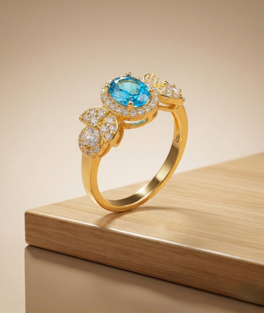 AGOR 925 Sterling Silver Oval Blue Halo Floral Ring Yellow Gold Finish Jewellery for Women - Size 6