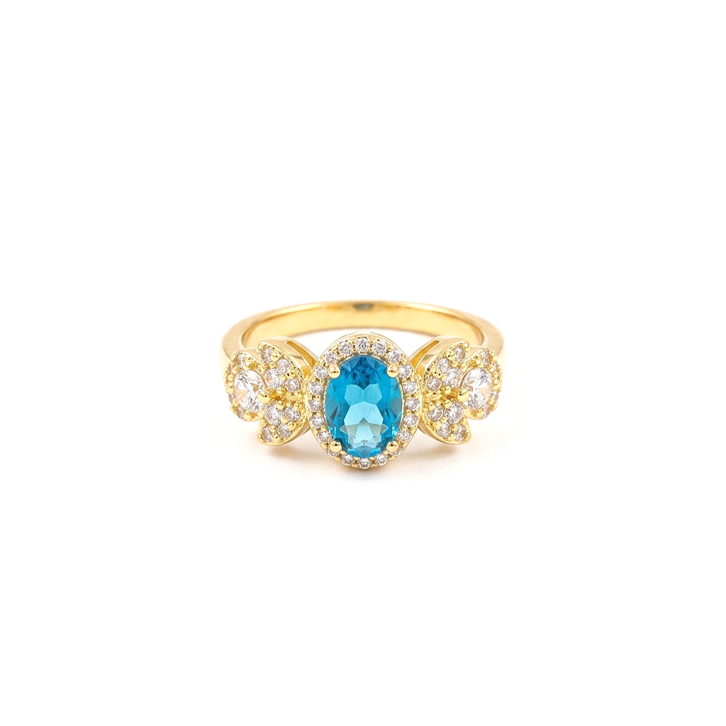AGOR 925 Sterling Silver Oval Blue Halo Floral Ring Yellow Gold Finish Jewellery for Women - Size 6