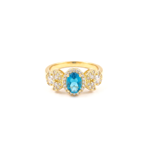 AGOR 925 Sterling Silver Oval Blue Halo Floral Ring Yellow Gold Finish Jewellery for Women - Size 6