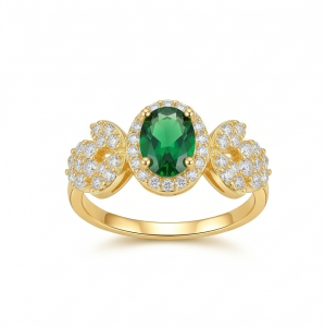 AGOR 925 Sterling Silver Oval Green Halo Floral Ring Yellow Gold Finish Jewellery for Women - Size 7