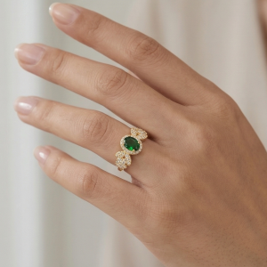 AGOR 925 Sterling Silver Oval Green Halo Floral Ring Yellow Gold Finish Jewellery for Women - Size 7