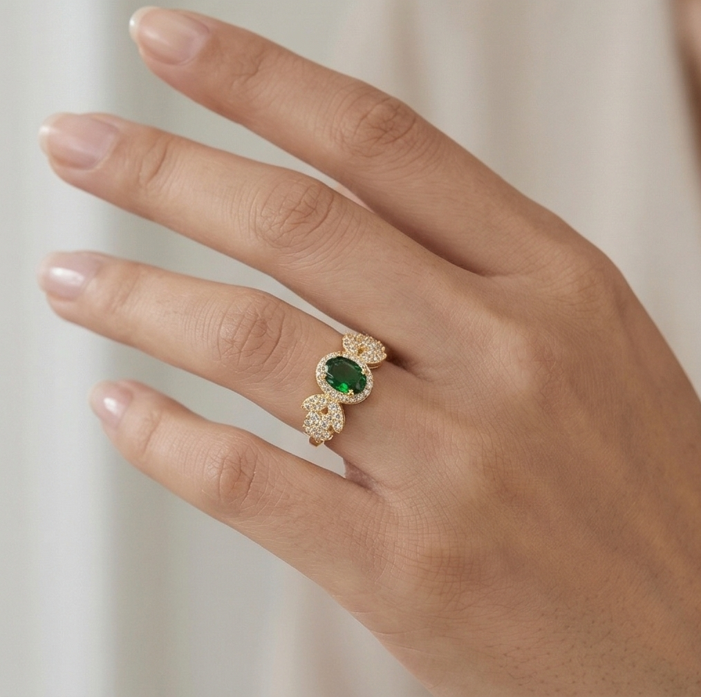 925 Sterling Silver Oval Green Halo Floral Ring Yellow Gold Finish Jewellery for Women - Size 7