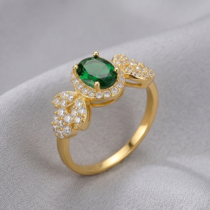 925 Sterling Silver Oval Green Halo Floral Ring Yellow Gold Finish Jewellery for Women - Size 7