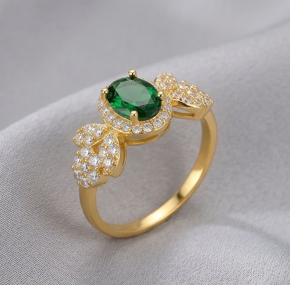 925 Sterling Silver Oval Green Halo Floral Ring Yellow Gold Finish Jewellery for Women - Size 7