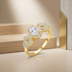 AGOR 925 Sterling Silver Oval Clear Halo Floral Ring Yellow Gold Finish Jewellery for Women - Size 8