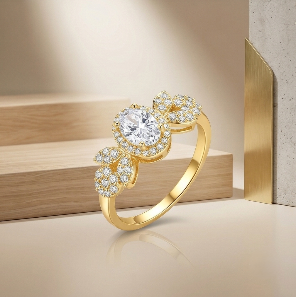 925 Sterling Silver Oval Clear Halo Floral Ring Yellow Gold Finish Jewellery for Women - Size 8