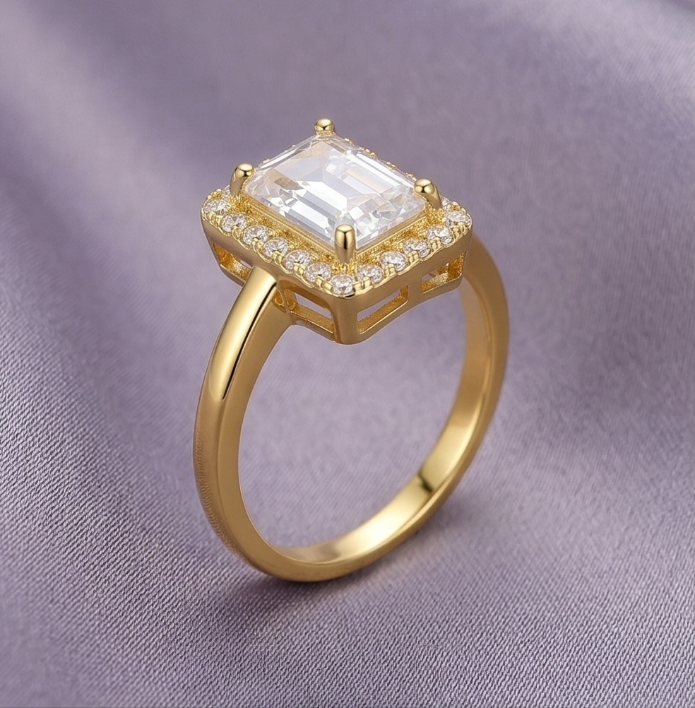 925 Sterling Silver Clear Emerald Cut Halo Ring Yellow Gold Finish Jewellery for Women - Size 7
