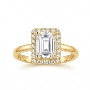 AGOR 925 Sterling Silver Clear Emerald Cut Halo Ring Yellow Gold Finish Jewellery for Women - Size 9