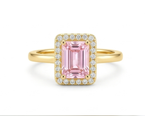 AGOR 925 Sterling Silver Pink Emerald Cut Halo Ring Yellow Gold Finish Jewellery for Women - Size 9