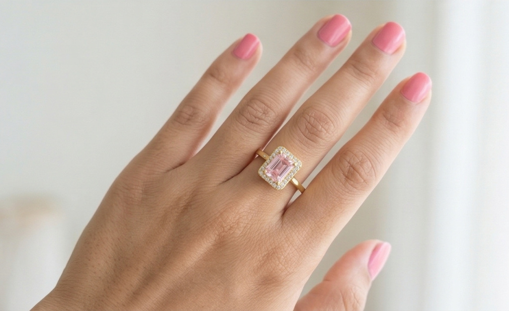 AGOR 925 Sterling Silver Pink Emerald Cut Halo Ring Yellow Gold Finish Jewellery for Women - Size 9