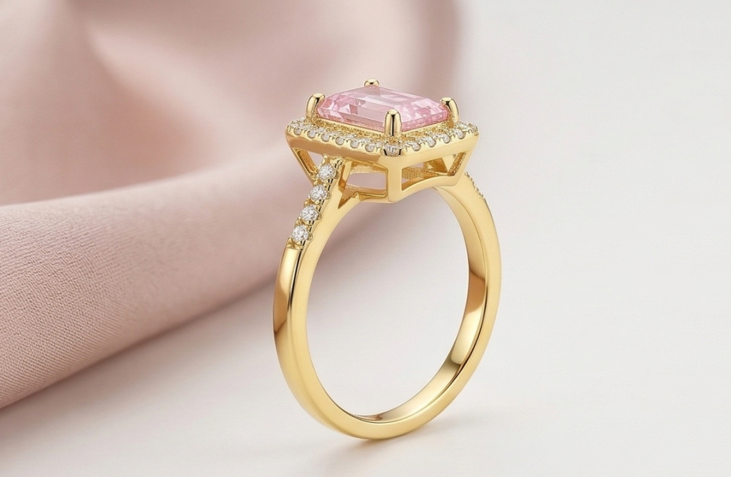 AGOR 925 Sterling Silver Pink Emerald Cut Halo Ring Yellow Gold Finish Jewellery for Women - Size 9