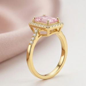 925 Sterling Silver Pink Emerald Cut Halo Ring Yellow Gold Finish Jewellery for Women - Size 9