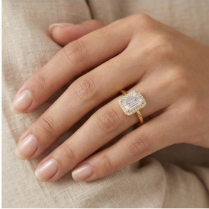 925 Sterling Silver Clear Emerald Cut Halo Ring Yellow Gold Finish Jewellery for Women - Size 9