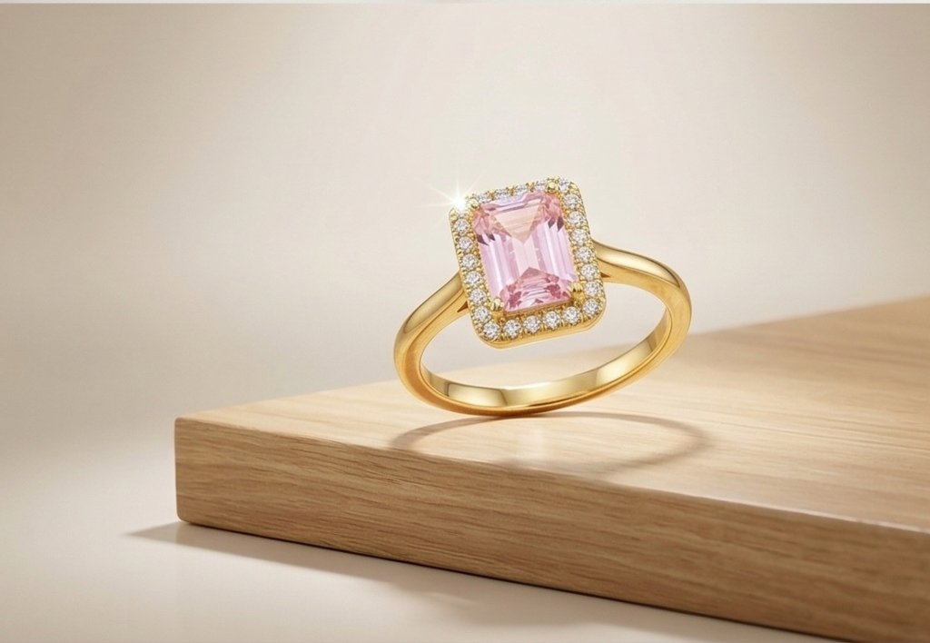 AGOR 925 Sterling Silver Pink Emerald Cut Halo Ring Yellow Gold Finish Jewellery for Women - Size 9