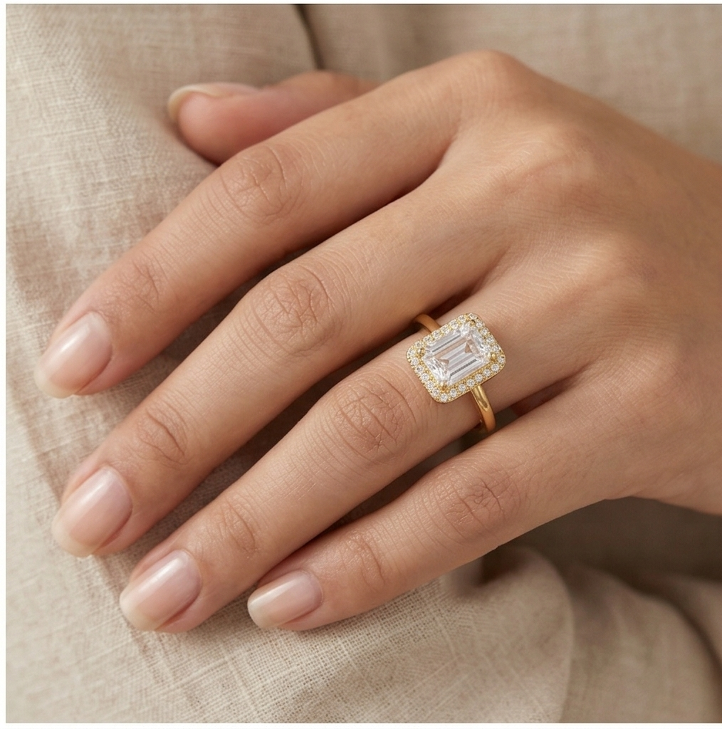925 Sterling Silver Clear Emerald Cut Halo Ring Yellow Gold Finish Jewellery for Women - Size 9