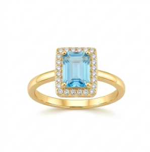 AGOR 925 Sterling Silver Blue Emerald Cut Halo Ring Yellow Gold Finish Jewellery for Women - Size 8